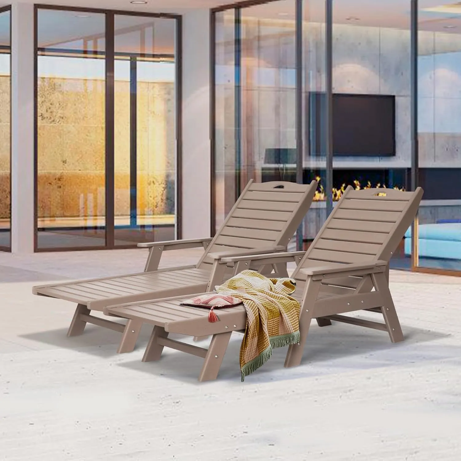nalone Chaise Lounge Set of 2 Outdoor with 5-Position Adjustable Backrest, HDPE Lounge Chair for Outside Supports Up to 400 LBS, Pool Lounge Chairs for Patio Poolside Deck Beach Backyard(Grey Brown)