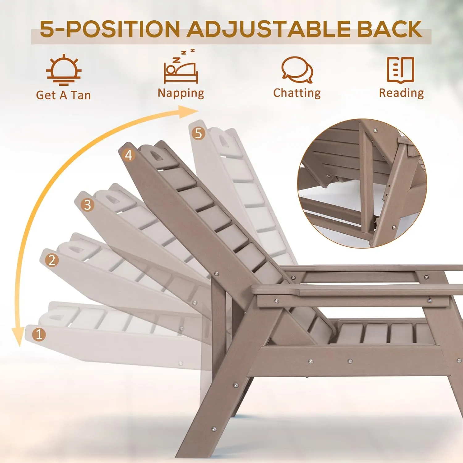 nalone Chaise Lounge Set of 2 Outdoor with 5-Position Adjustable Backrest, HDPE Lounge Chair for Outside Supports Up to 400 LBS, Pool Lounge Chairs for Patio Poolside Deck Beach Backyard(Grey Brown)