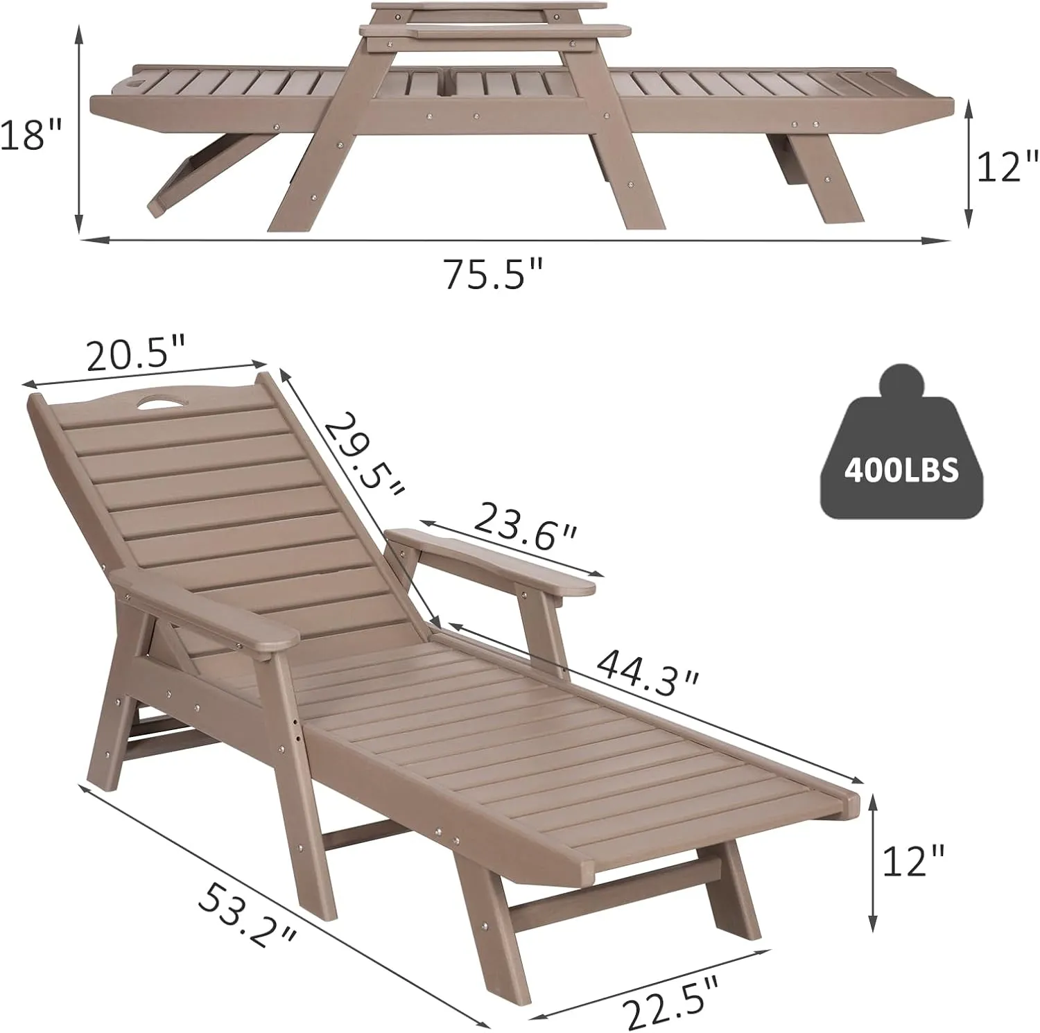 nalone Chaise Lounge Set of 2 Outdoor with 5-Position Adjustable Backrest, HDPE Lounge Chair for Outside Supports Up to 400 LBS, Pool Lounge Chairs for Patio Poolside Deck Beach Backyard(Grey Brown)
