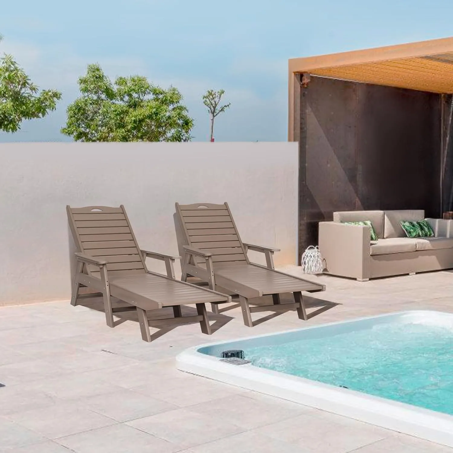 nalone Chaise Lounge Set of 2 Outdoor with 5-Position Adjustable Backrest, HDPE Lounge Chair for Outside Supports Up to 400 LBS, Pool Lounge Chairs for Patio Poolside Deck Beach Backyard(Grey Brown)