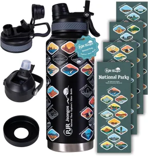 National Parks Water Bottle with 63 Waterproof Stickers – 32 oz Insulated Stainless Steel Bottle, 2-IN-1（Straw Spout）& Dustproof Lids, BPA-Free, Camping Hiking Travel Gifts (Black)