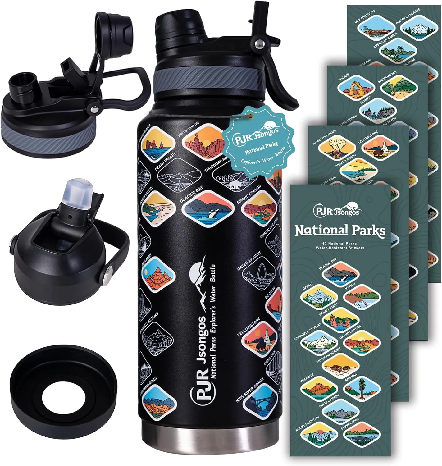 National Parks Water Bottle with 63 Waterproof Stickers – 32 oz Insulated Stainless Steel Bottle, 2-IN-1（Straw Spout）& Dustproof Lids, BPA-Free, Camping Hiking Travel Gifts (Black)