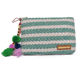 Natural/Green Striped Woven Makeup/Travel Pouch with Tassels – A Chic & Functional Organizer