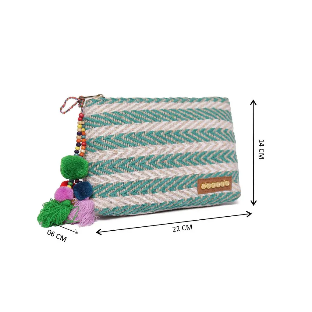 Natural/Green Striped Woven Makeup/Travel Pouch with Tassels – A Chic & Functional Organizer