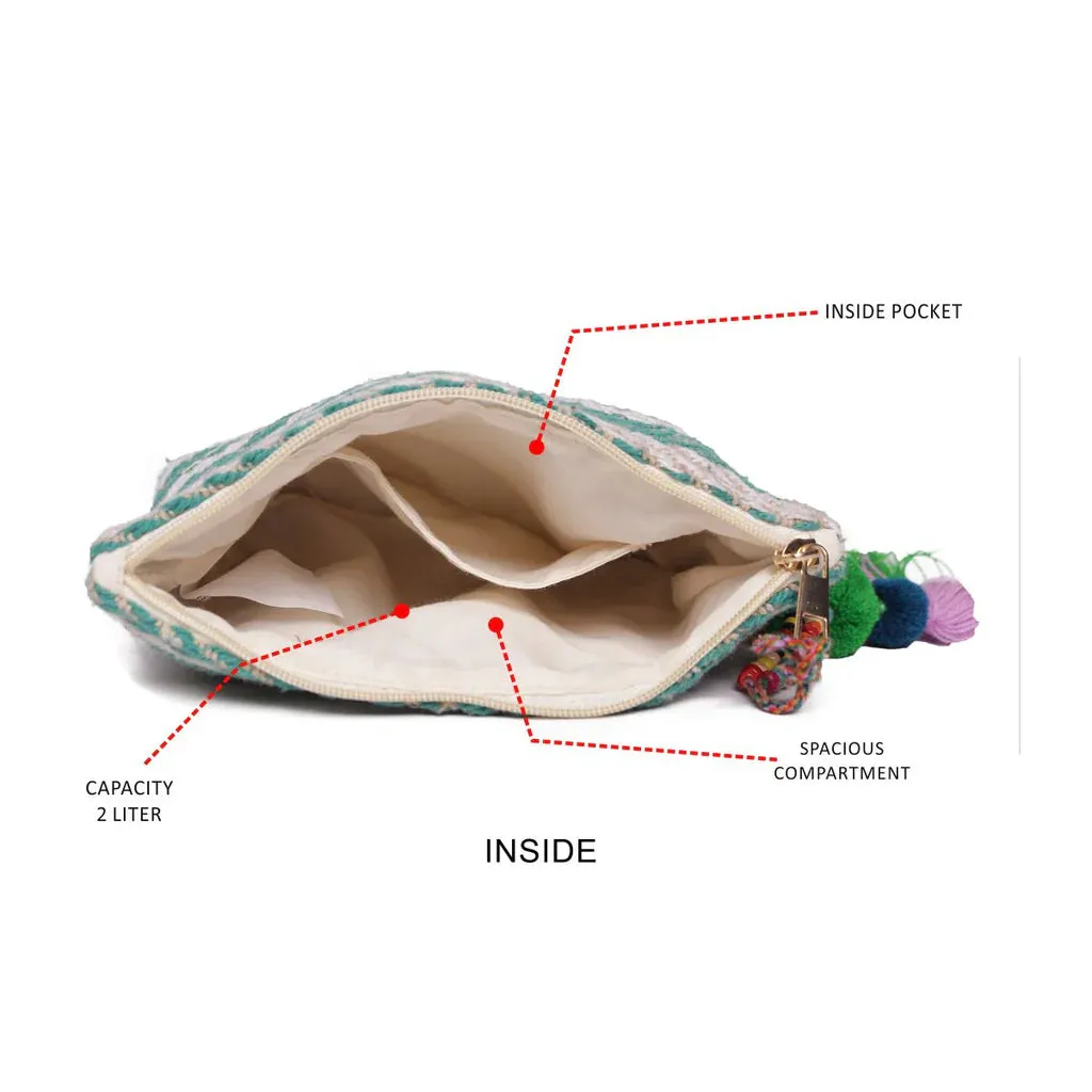 Natural/Green Striped Woven Makeup/Travel Pouch with Tassels – A Chic & Functional Organizer
