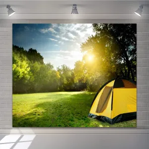 Nature Forest Camping Backdrop 10x6.5ft Mountains Landscape Sunrise Grassland Camp Tents Photography Backdrop Outdoor Birthday Party Travel Holiday Vacation Photoshoot Background Photo Shoot Props