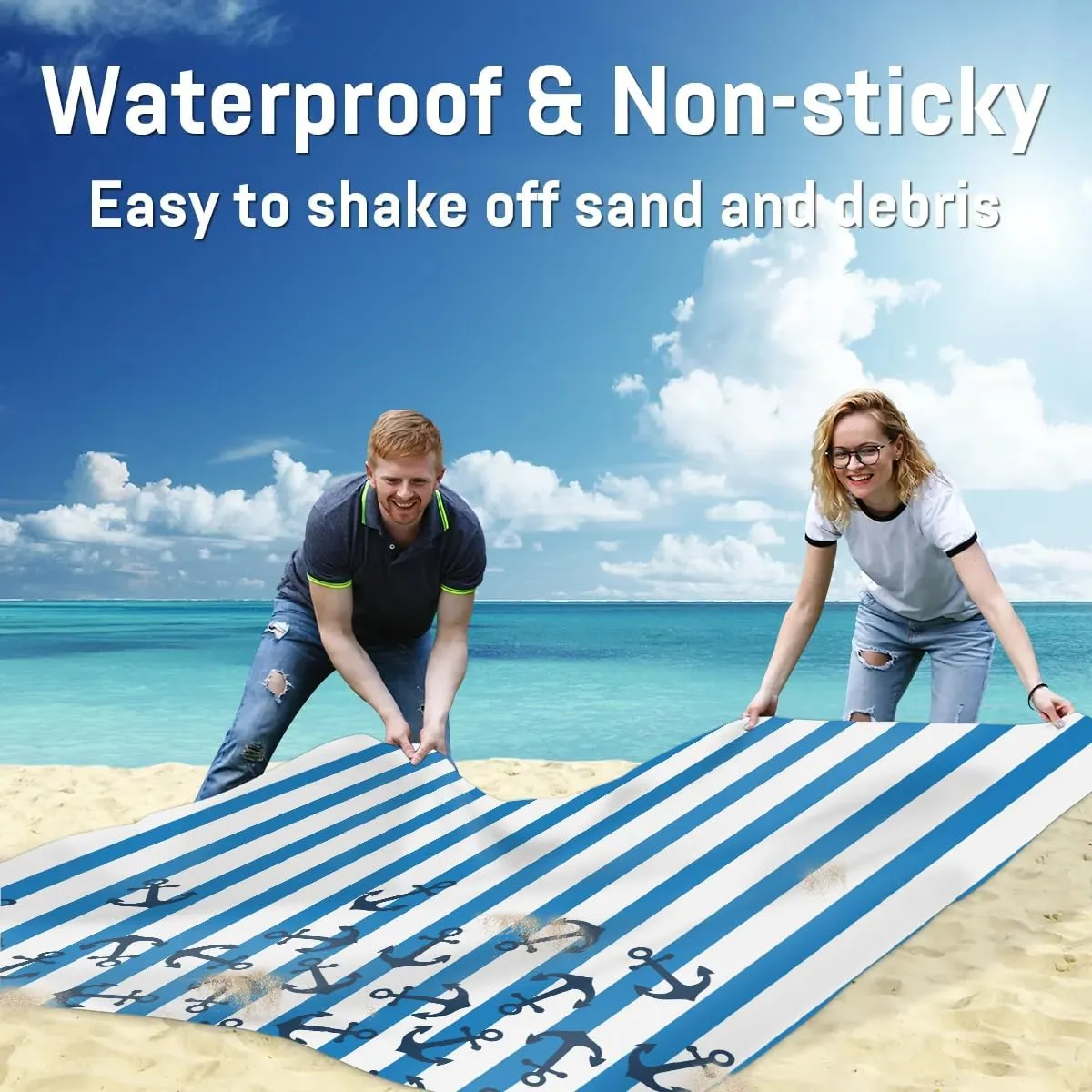 Nautical Beach Blanket, Sandproof Beach Mat, 68 x 59 Waterproof Quick Drying Sand Free Mat with 4 x Ground Spikes for Outdoor Travel Camping Hiking, Stripe Anchor