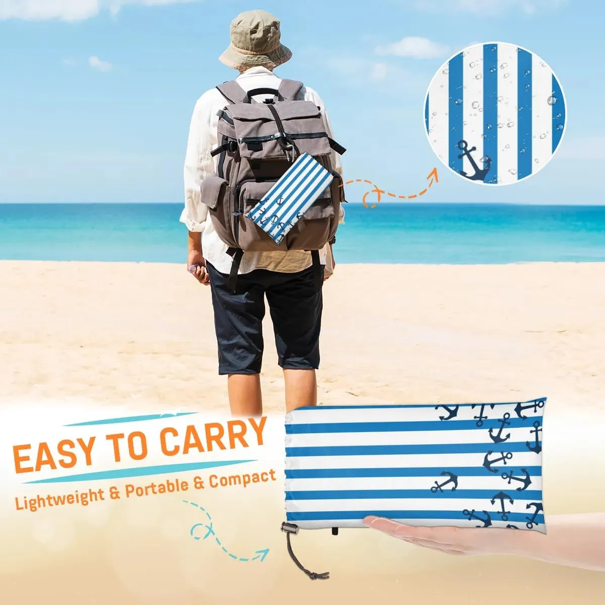 Nautical Beach Blanket, Sandproof Beach Mat, 68 x 59 Waterproof Quick Drying Sand Free Mat with 4 x Ground Spikes for Outdoor Travel Camping Hiking, Stripe Anchor