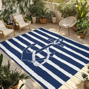 Navy Blue Anchor Outdoor Rug 5x8ft Large Patio Rug,Washable RV Camping Outside Area Runner Rug Mat,Nautical White Horizontal Striped Indoor Outdoor Carpet for Picnic Backyard Deck Porch Balcony Beach