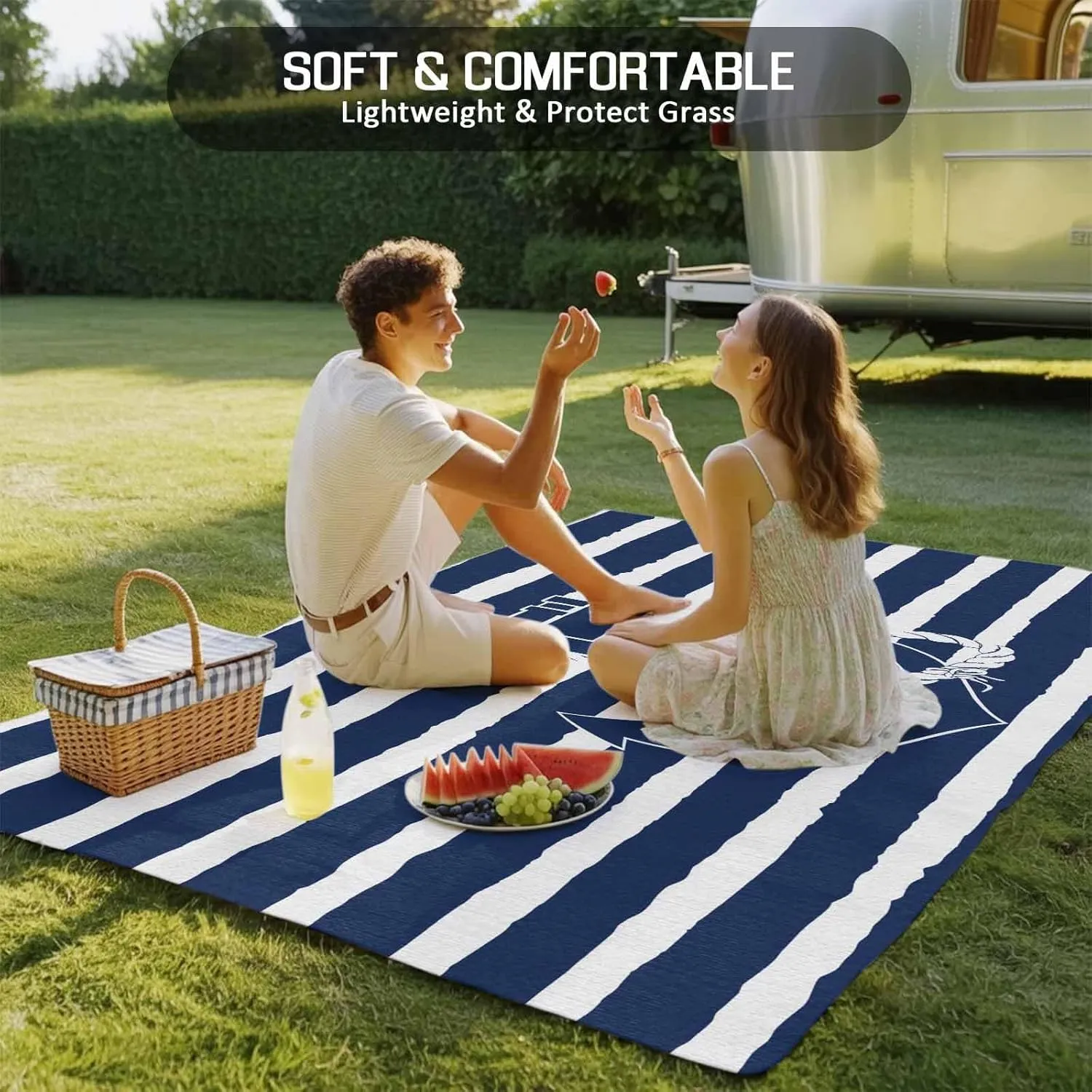 Navy Blue Anchor Outdoor Rug 5x8ft Large Patio Rug,Washable RV Camping Outside Area Runner Rug Mat,Nautical White Horizontal Striped Indoor Outdoor Carpet for Picnic Backyard Deck Porch Balcony Beach