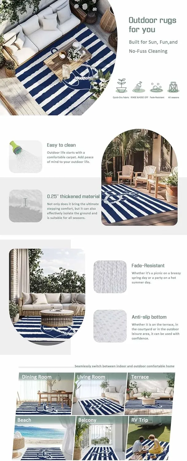 Navy Blue Anchor Outdoor Rug 5x8ft Large Patio Rug,Washable RV Camping Outside Area Runner Rug Mat,Nautical White Horizontal Striped Indoor Outdoor Carpet for Picnic Backyard Deck Porch Balcony Beach