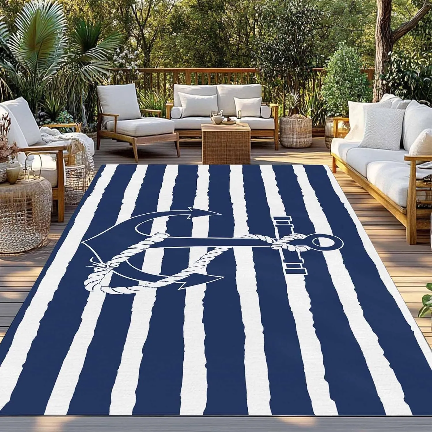 Navy Blue Anchor Outdoor Rug 5x8ft Large Patio Rug,Washable RV Camping Outside Area Runner Rug Mat,Nautical White Horizontal Striped Indoor Outdoor Carpet for Picnic Backyard Deck Porch Balcony Beach