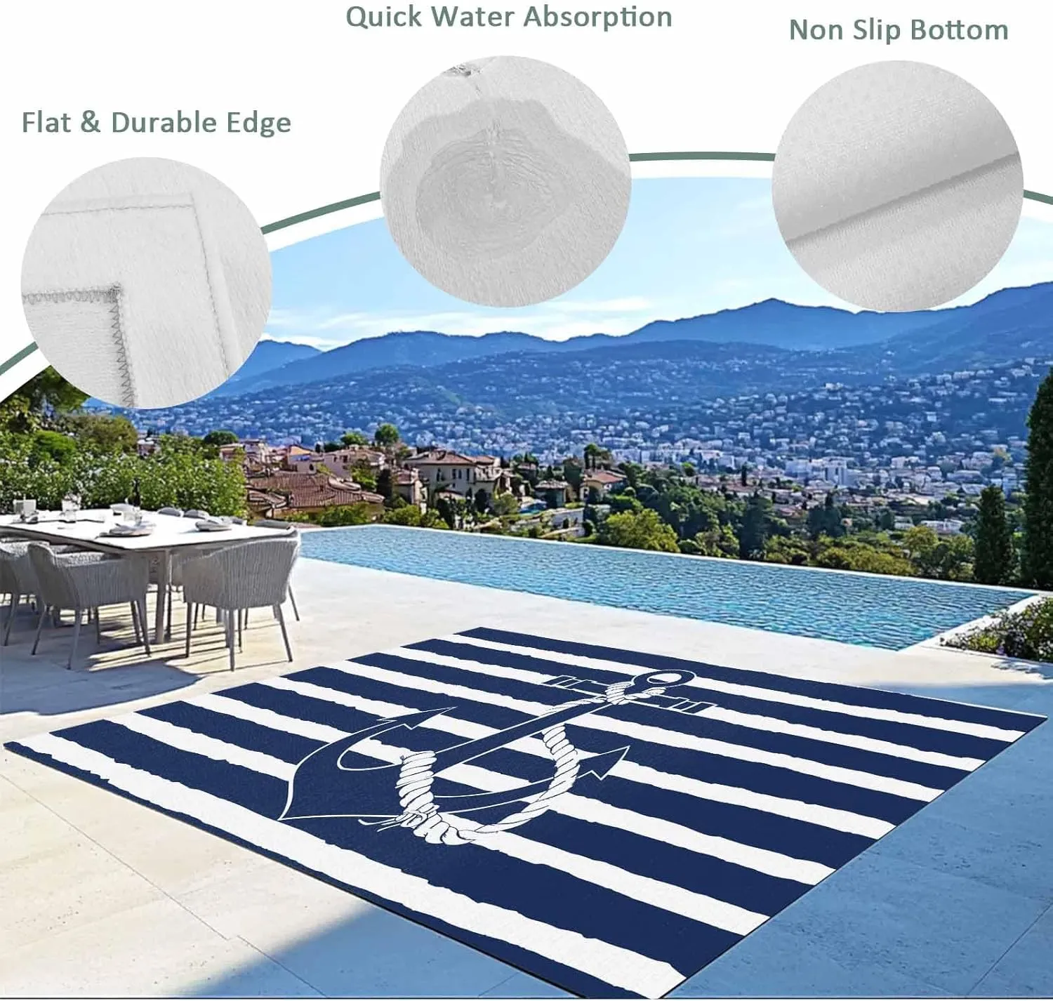 Navy Blue Anchor Outdoor Rug 5x8ft Large Patio Rug,Washable RV Camping Outside Area Runner Rug Mat,Nautical White Horizontal Striped Indoor Outdoor Carpet for Picnic Backyard Deck Porch Balcony Beach