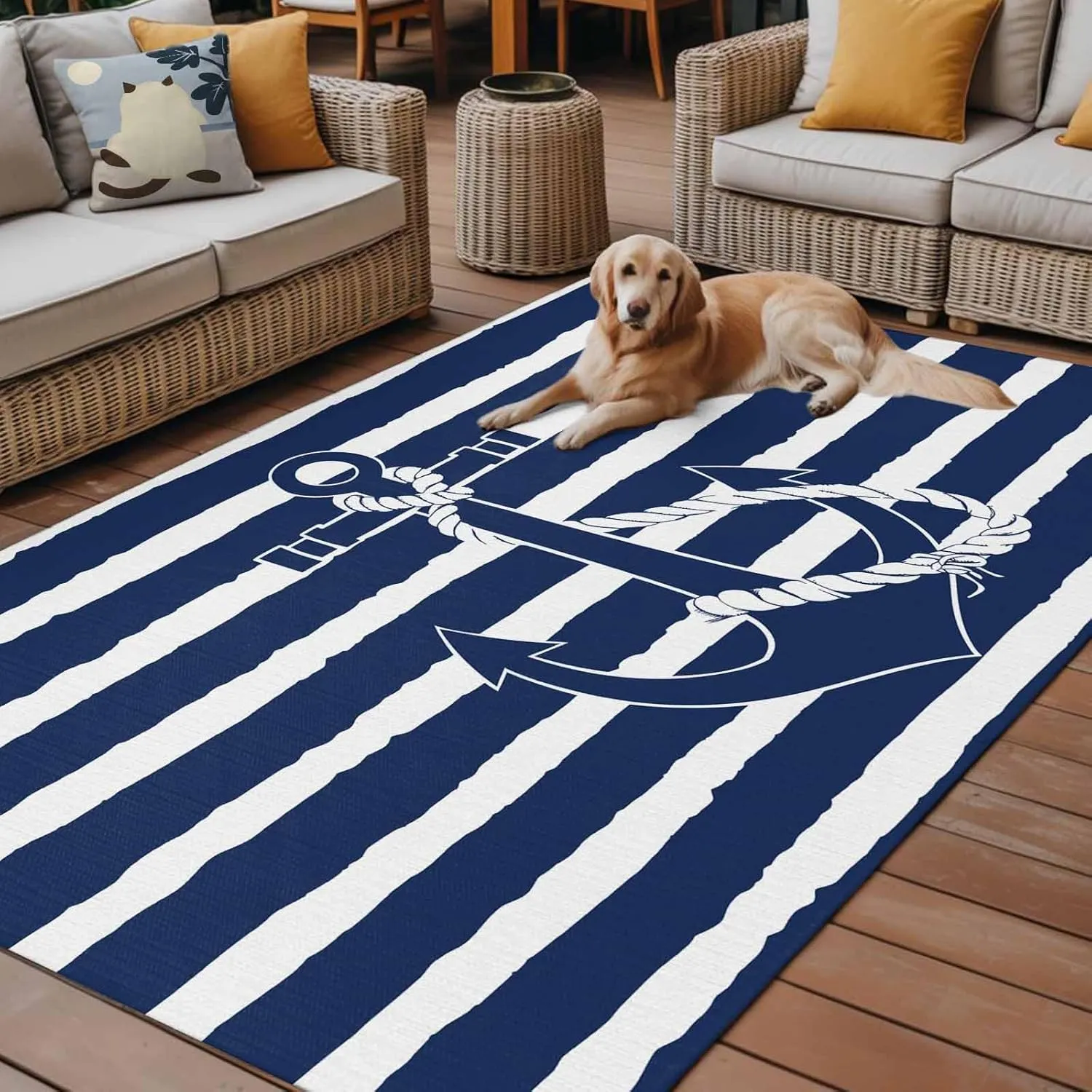 Navy Blue Anchor Outdoor Rug 5x8ft Large Patio Rug,Washable RV Camping Outside Area Runner Rug Mat,Nautical White Horizontal Striped Indoor Outdoor Carpet for Picnic Backyard Deck Porch Balcony Beach