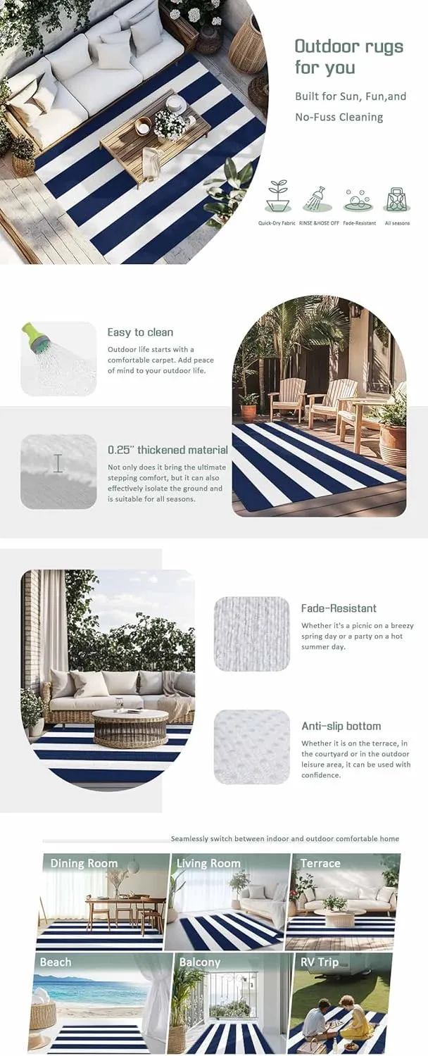 Navy Blue Stripe Outdoor Rug 4x6ft Large Patio Rug,Washable RV Camping Outside Area Runner Rug Mat,Modern Simple Geometric White Striped Carpet for Picnic Backyard Deck Porch Balcony Beach & Indoor