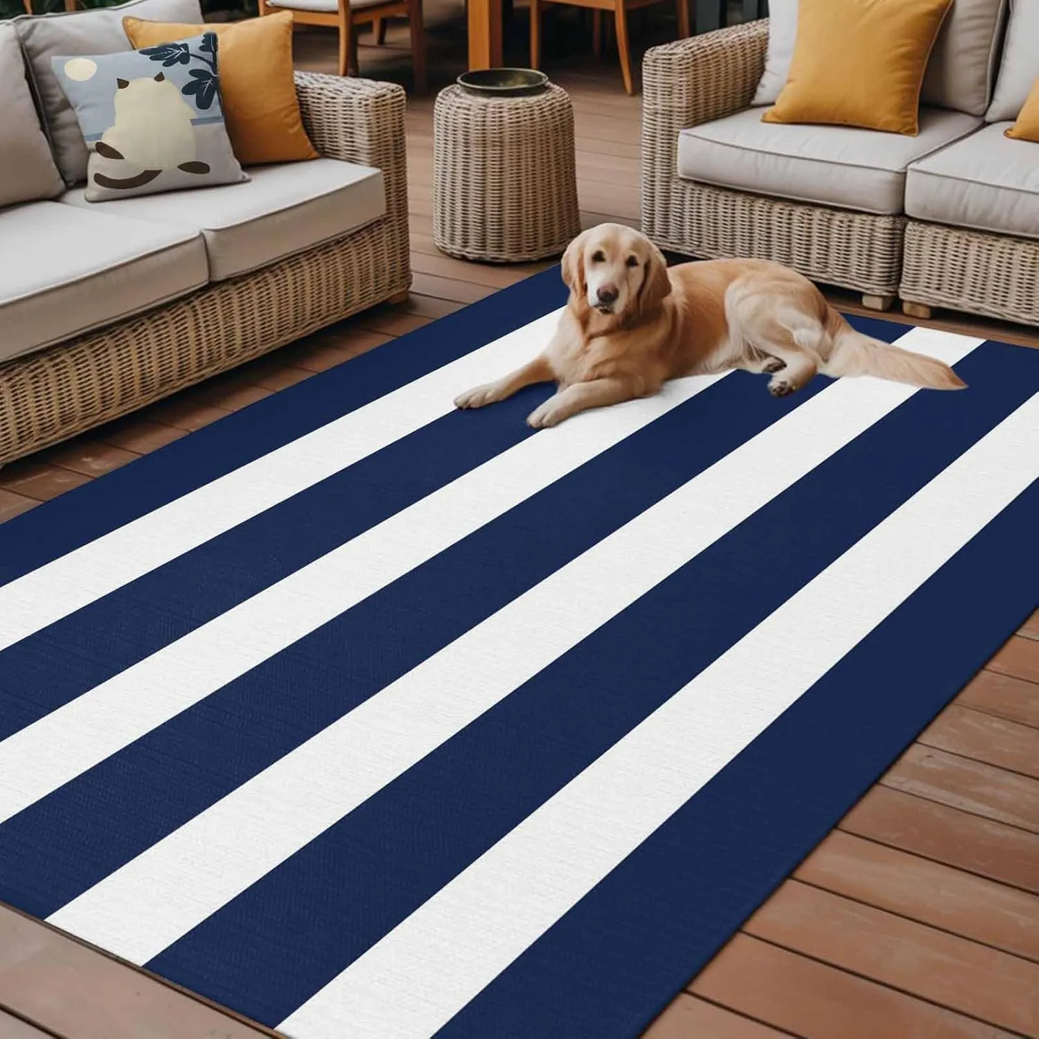 Navy Blue Stripe Outdoor Rug 4x6ft Large Patio Rug,Washable RV Camping Outside Area Runner Rug Mat,Modern Simple Geometric White Striped Carpet for Picnic Backyard Deck Porch Balcony Beach & Indoor