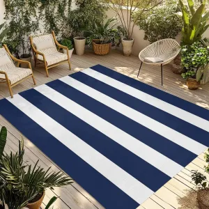 Navy Blue Stripe Outdoor Rug 4x6ft Large Patio Rug,Washable RV Camping Outside Area Runner Rug Mat,Modern Simple Geometric White Striped Carpet for Picnic Backyard Deck Porch Balcony Beach & Indoor