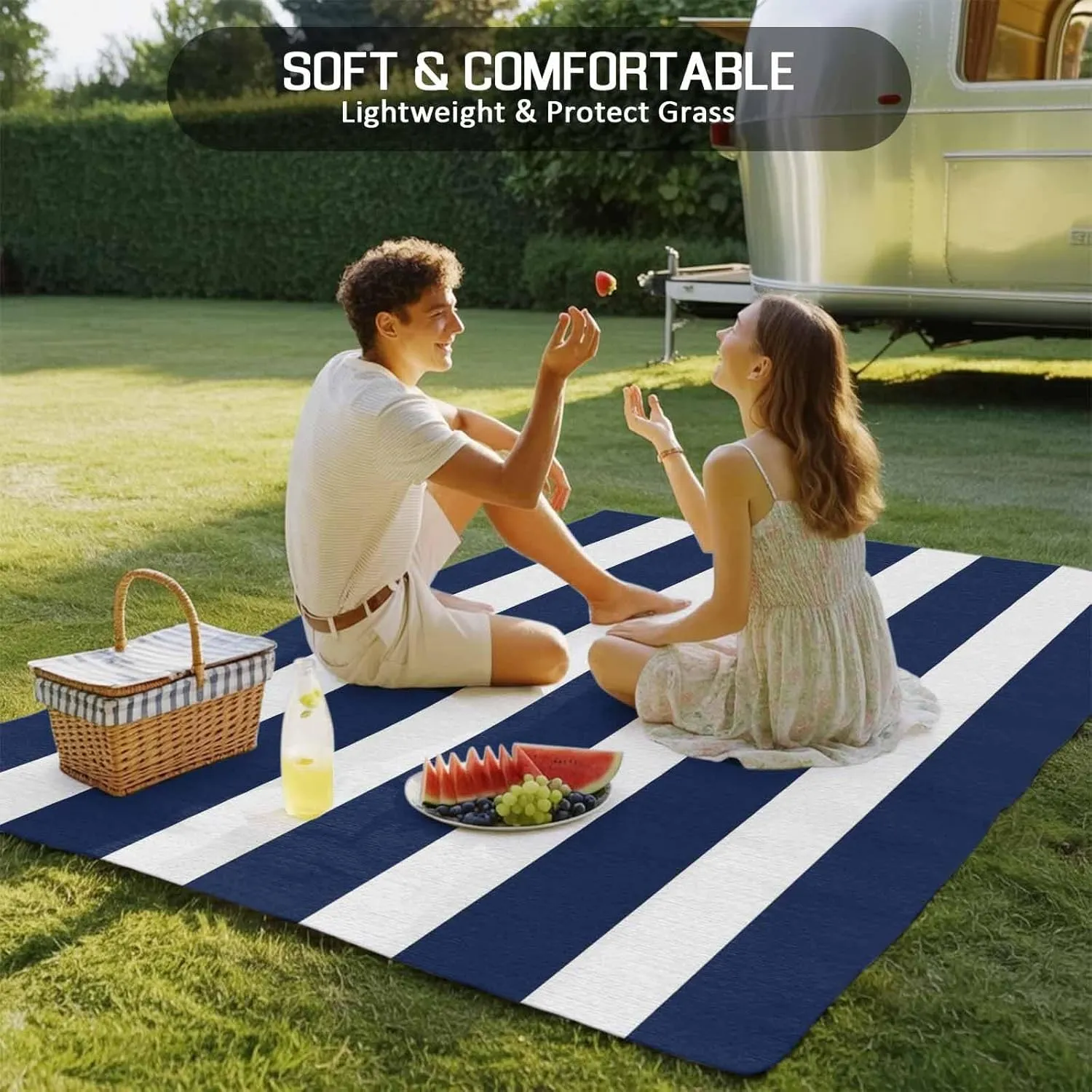 Navy Blue Stripe Outdoor Rug 4x6ft Large Patio Rug,Washable RV Camping Outside Area Runner Rug Mat,Modern Simple Geometric White Striped Carpet for Picnic Backyard Deck Porch Balcony Beach & Indoor
