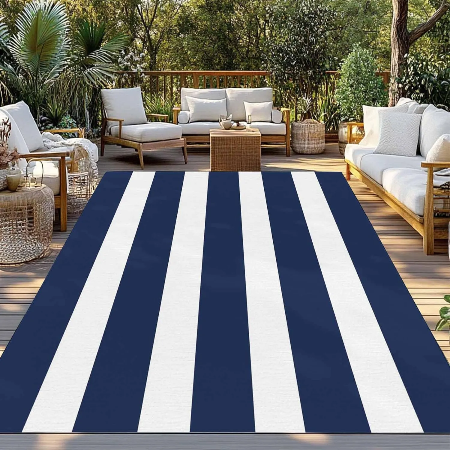 Navy Blue Stripe Outdoor Rug 4x6ft Large Patio Rug,Washable RV Camping Outside Area Runner Rug Mat,Modern Simple Geometric White Striped Carpet for Picnic Backyard Deck Porch Balcony Beach & Indoor