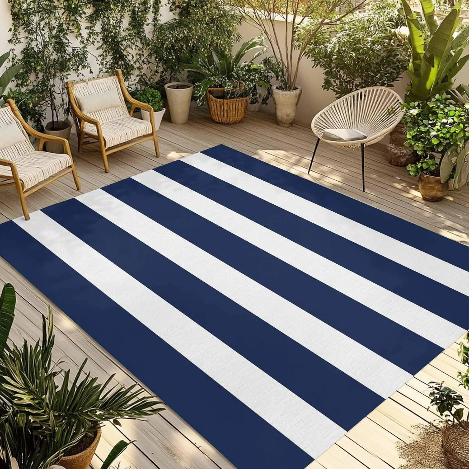 Navy Blue Stripe Outdoor Rug 4x6ft Large Patio Rug,Washable RV Camping Outside Area Runner Rug Mat,Modern Simple Geometric White Striped Carpet for Picnic Backyard Deck Porch Balcony Beach & Indoor