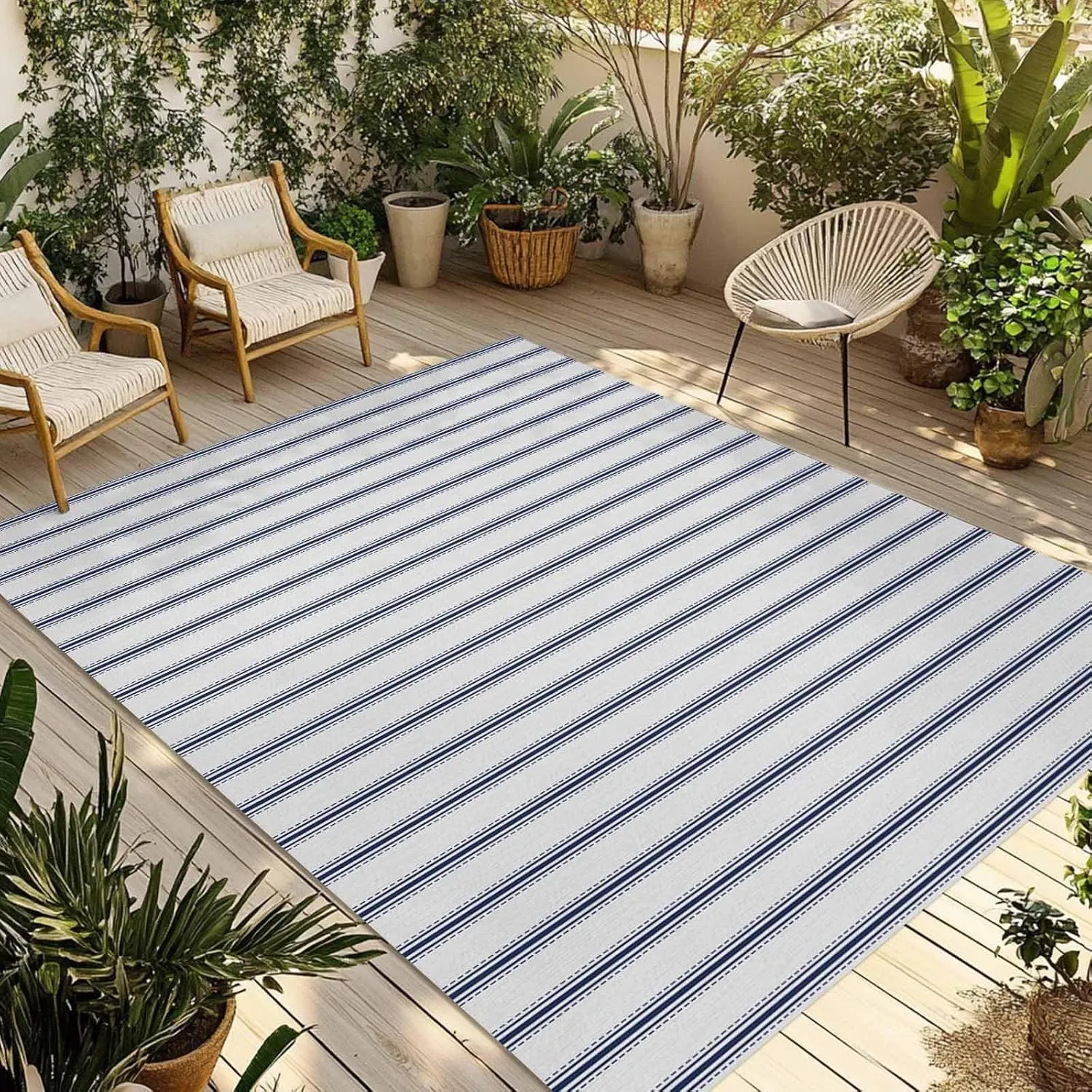 Navy Blue Striped Outdoor Patio Rug 4x6ft Large,Washable RV Camping Outside Area Runner Rug Mat,Farmhouse Geometric Minimalist Vertical Stripes Carpet for Picnic Backyard Deck Porch Balcony Beach