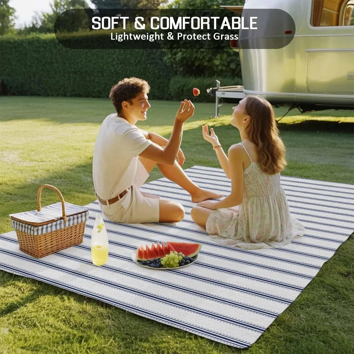 Navy Blue Striped Outdoor Patio Rug 4x6ft Large,Washable RV Camping Outside Area Runner Rug Mat,Farmhouse Geometric Minimalist Vertical Stripes Carpet for Picnic Backyard Deck Porch Balcony Beach