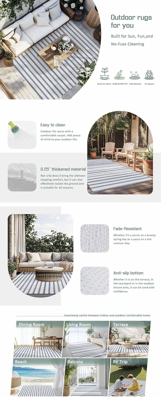 Navy Blue Striped Outdoor Patio Rug 4x6ft Large,Washable RV Camping Outside Area Runner Rug Mat,Farmhouse Geometric Minimalist Vertical Stripes Carpet for Picnic Backyard Deck Porch Balcony Beach