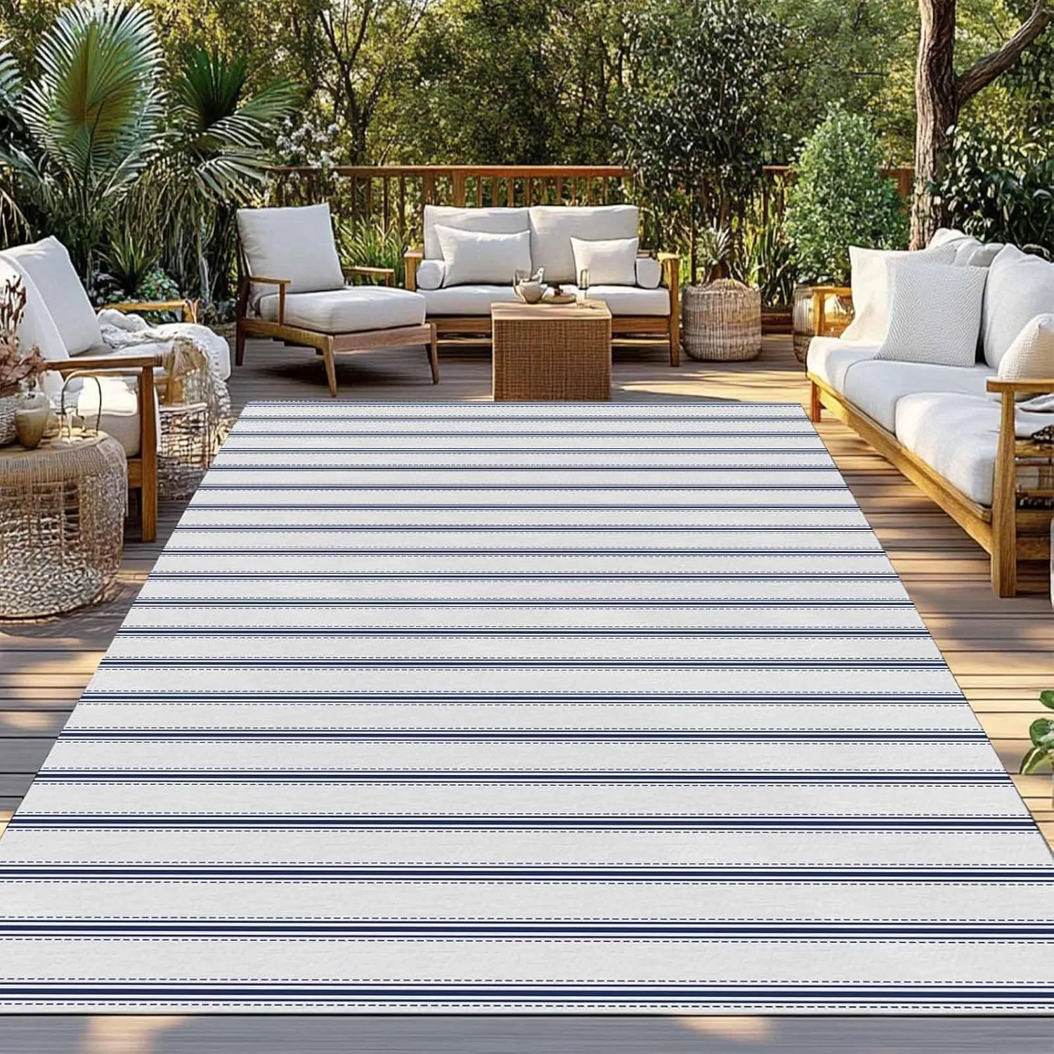 Navy Blue Striped Outdoor Patio Rug 4x6ft Large,Washable RV Camping Outside Area Runner Rug Mat,Farmhouse Geometric Minimalist Vertical Stripes Carpet for Picnic Backyard Deck Porch Balcony Beach