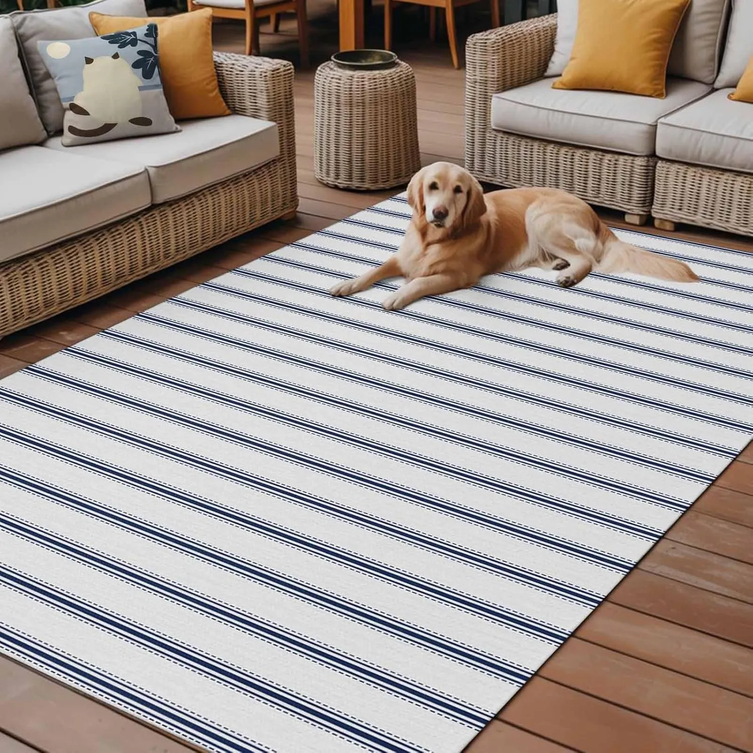 Navy Blue Striped Outdoor Patio Rug 4x6ft Large,Washable RV Camping Outside Area Runner Rug Mat,Farmhouse Geometric Minimalist Vertical Stripes Carpet for Picnic Backyard Deck Porch Balcony Beach