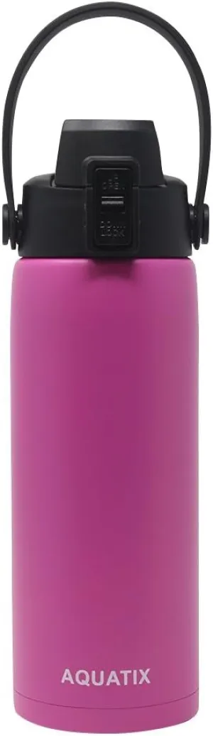 New Aquatix (Pink, 21 Ounce) Pure Stainless Steel Double Wall Vacuum Insulated Sports Water Bottle Convenient Flip Top Cap with Removable Strap Handle - Keeps Drinks Cold 24 hr/Hot 6 hr