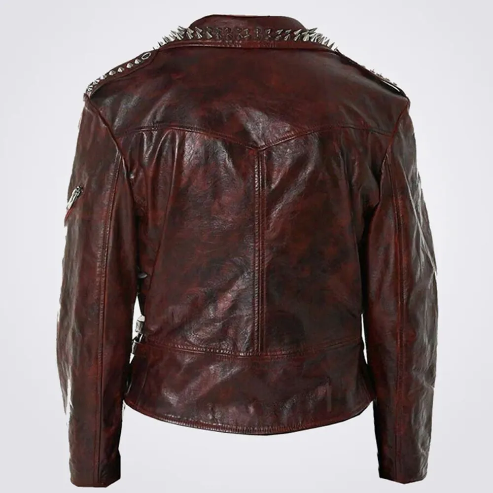 New Mens Full Red Waxed Punk Metallic Spiked Studded Zippered Leather Jacket