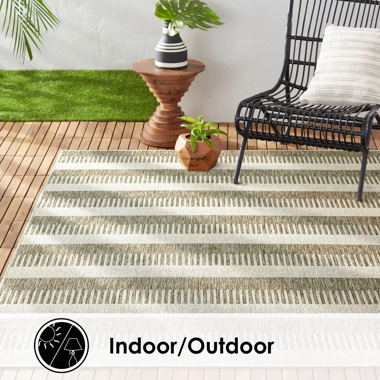 Nicole Miller New York Patio Country Charlotte Modern Stripe Indoor/Outdoor Area Rug, Taupe/Ivory, 7'9"x10'2"