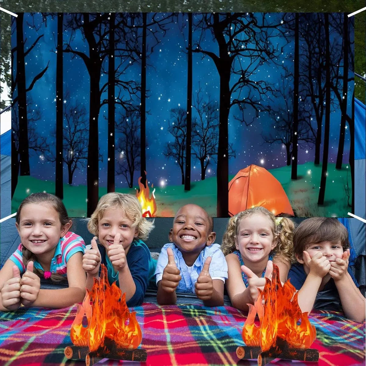 Night Camping Backdrop for Photography 10x8ft Outdoor Travel Mountains Landscape Grassland Camp Tents Photography Backdrop Holiday Vacation Camp Event Background Kids Birthday Banner Props