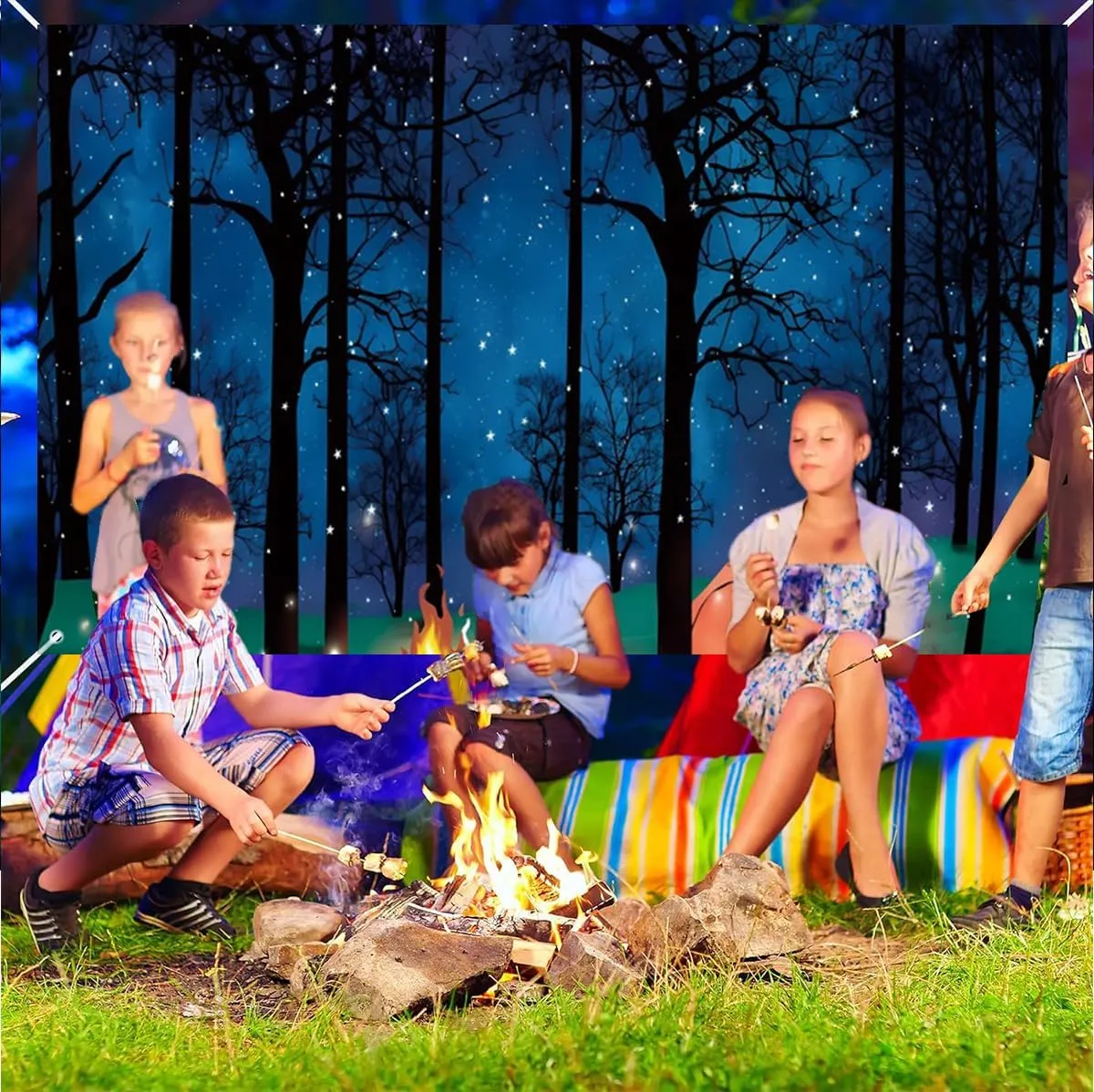 Night Camping Backdrop for Photography 10x8ft Outdoor Travel Mountains Landscape Grassland Camp Tents Photography Backdrop Holiday Vacation Camp Event Background Kids Birthday Banner Props
