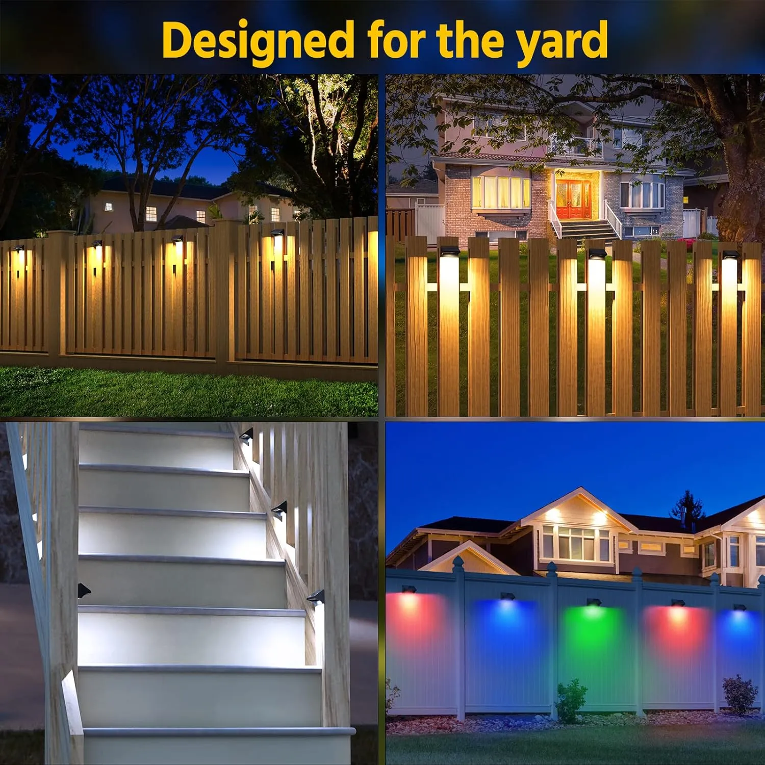 NIORSUN Outdoor Fence Lights, 6 Pack Waterproof LED Solar Fence Lights with 1500mAh Battery, Warm White/Cool White/RGB, Easy-to-Install Wall Light for Deck, Patio, Railing, Stairs & Backyard – Black