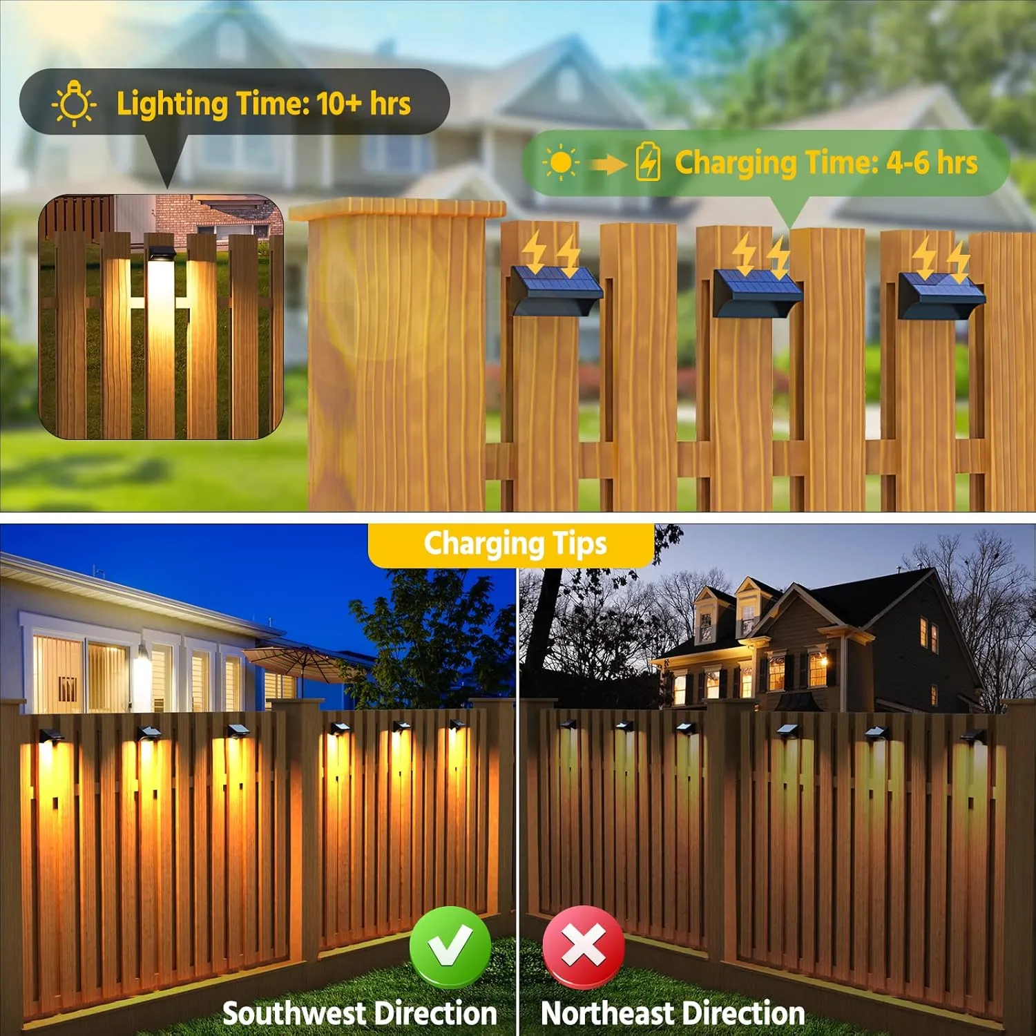 NIORSUN Outdoor Fence Lights, 6 Pack Waterproof LED Solar Fence Lights with 1500mAh Battery, Warm White/Cool White/RGB, Easy-to-Install Wall Light for Deck, Patio, Railing, Stairs & Backyard – Black