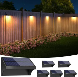 NIORSUN Outdoor Fence Lights, 6 Pack Waterproof LED Solar Fence Lights with 1500mAh Battery, Warm White/Cool White/RGB, Easy-to-Install Wall Light for Deck, Patio, Railing, Stairs & Backyard – Black
