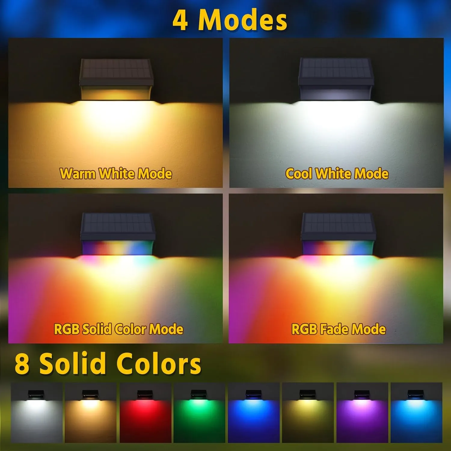 NIORSUN Outdoor Fence Lights, 6 Pack Waterproof LED Solar Fence Lights with 1500mAh Battery, Warm White/Cool White/RGB, Easy-to-Install Wall Light for Deck, Patio, Railing, Stairs & Backyard – Black