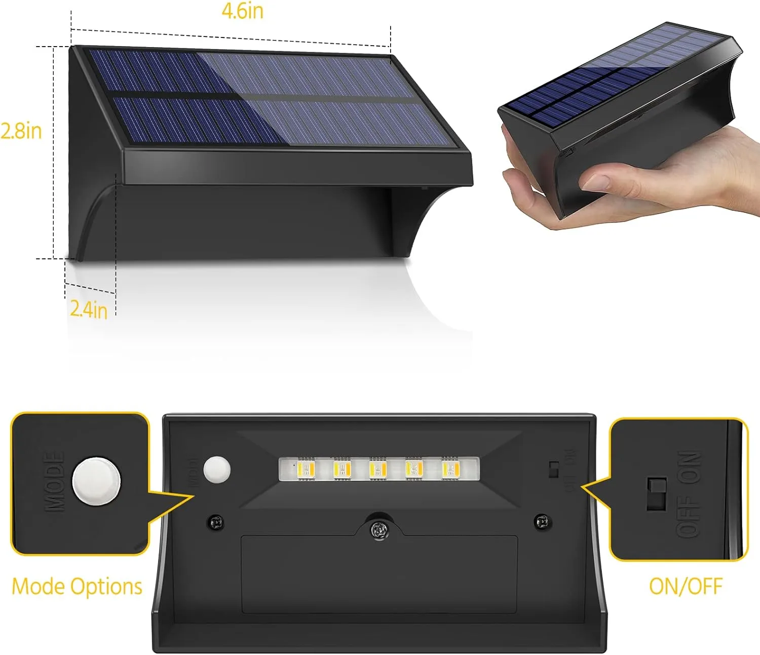 NIORSUN Outdoor Fence Lights, 6 Pack Waterproof LED Solar Fence Lights with 1500mAh Battery, Warm White/Cool White/RGB, Easy-to-Install Wall Light for Deck, Patio, Railing, Stairs & Backyard – Black