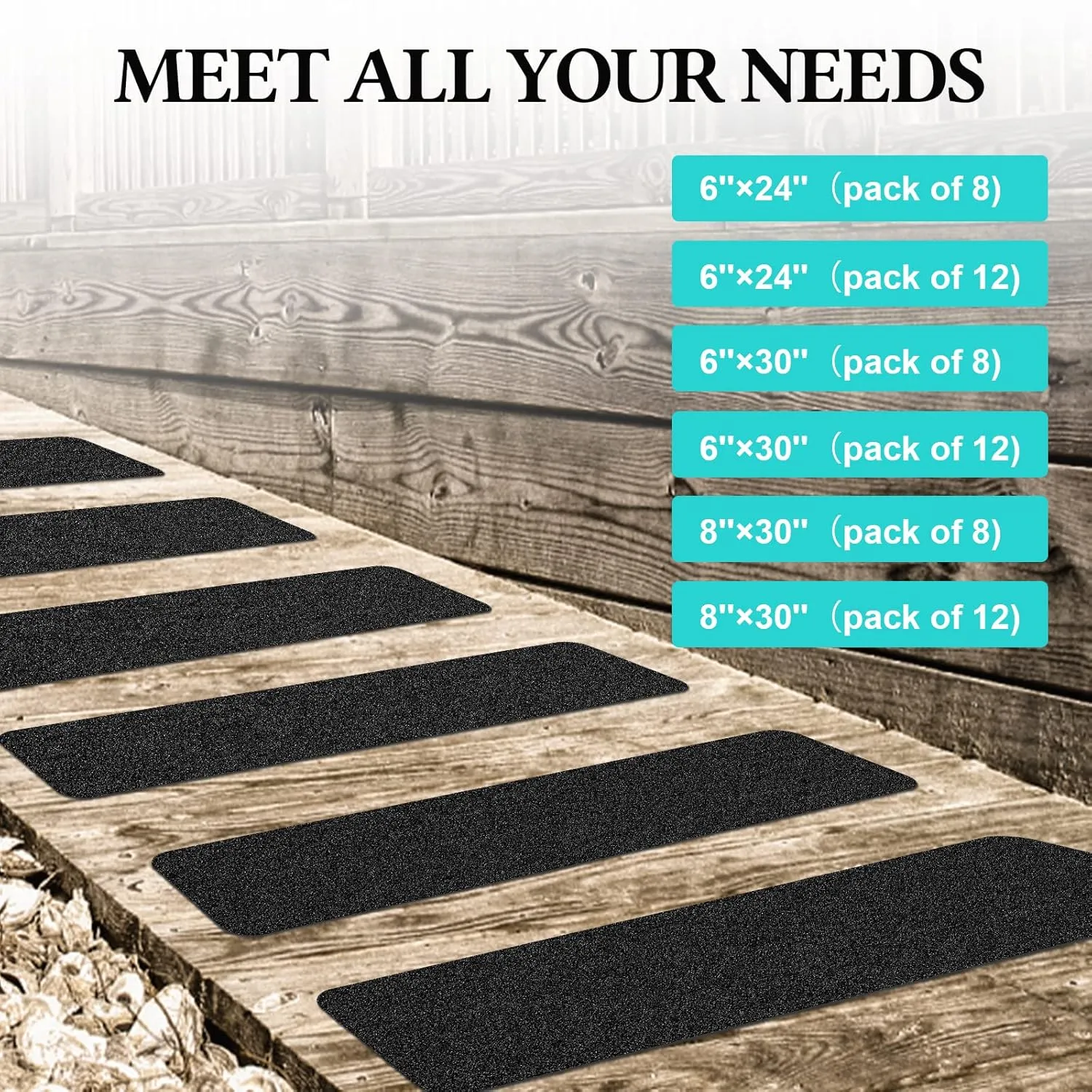 Non Slip Outdoor Stair Treads,6"x30"(8-Pack),Black Pre-Cut 80 Grit Anti Slip Grip Tape,Non Skid Heavy Duty Traction Adhesive Step Stripes for Staircase,Skateborad and Deck.