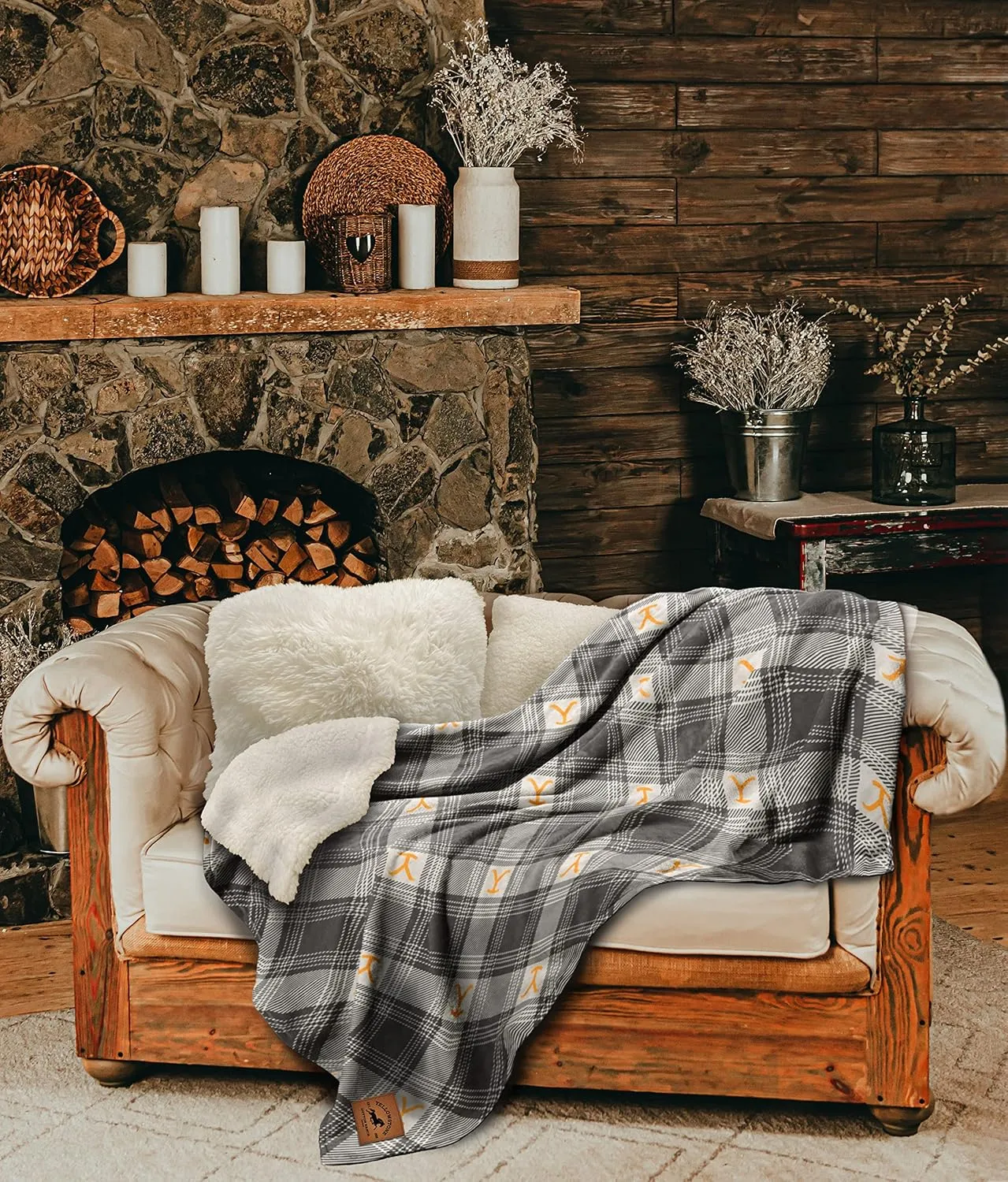 Northwest Yellowstone Silk Touch Sherpa Throw Blanket with Storage Strap Handle, 60" x 70", Dutton Plaid