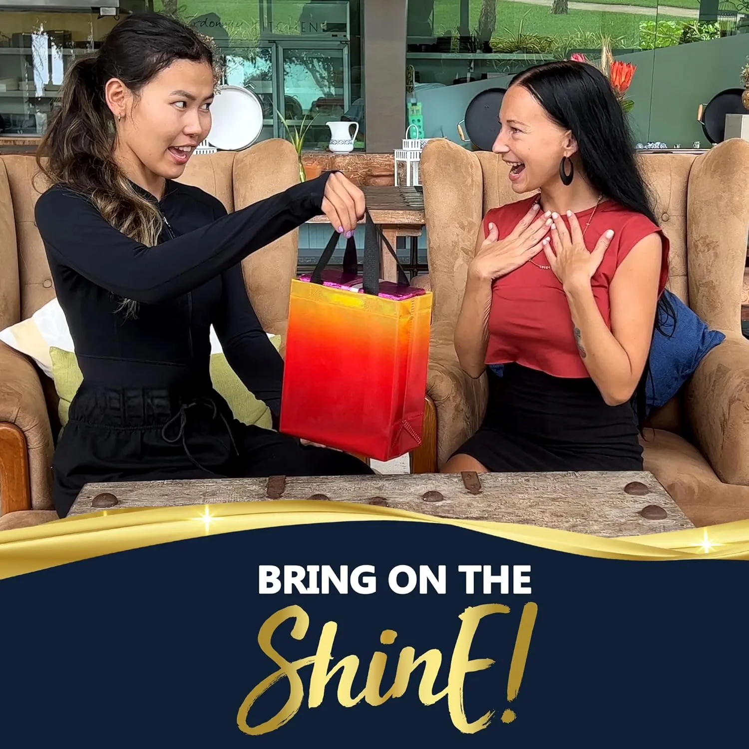Nush Nush Rise Gradient Gift Bags - Set of 12 Sunset Yellow & Red Reusable Medium Size Party Favor Bags With Handles - Iridescent Finish - 8x4x10