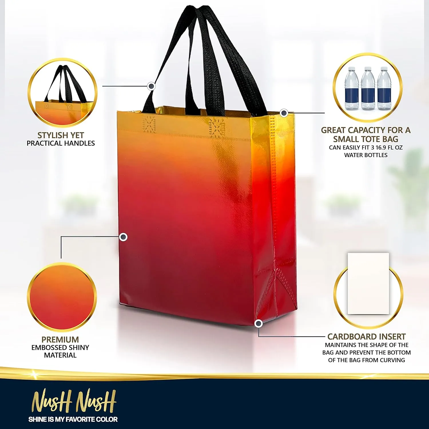 Nush Nush Rise Gradient Gift Bags - Set of 12 Sunset Yellow & Red Reusable Medium Size Party Favor Bags With Handles - Iridescent Finish - 8x4x10
