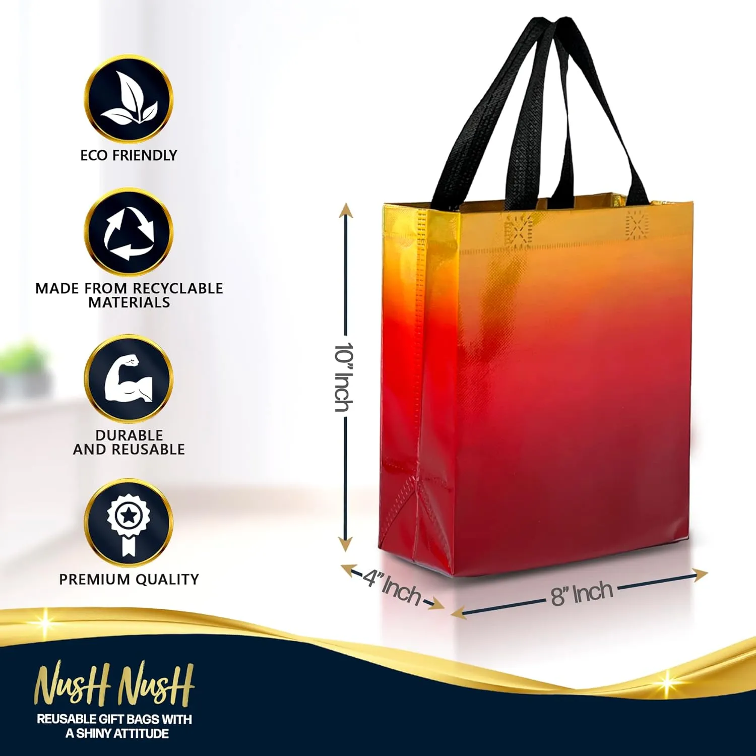 Nush Nush Rise Gradient Gift Bags - Set of 12 Sunset Yellow & Red Reusable Medium Size Party Favor Bags With Handles - Iridescent Finish - 8x4x10