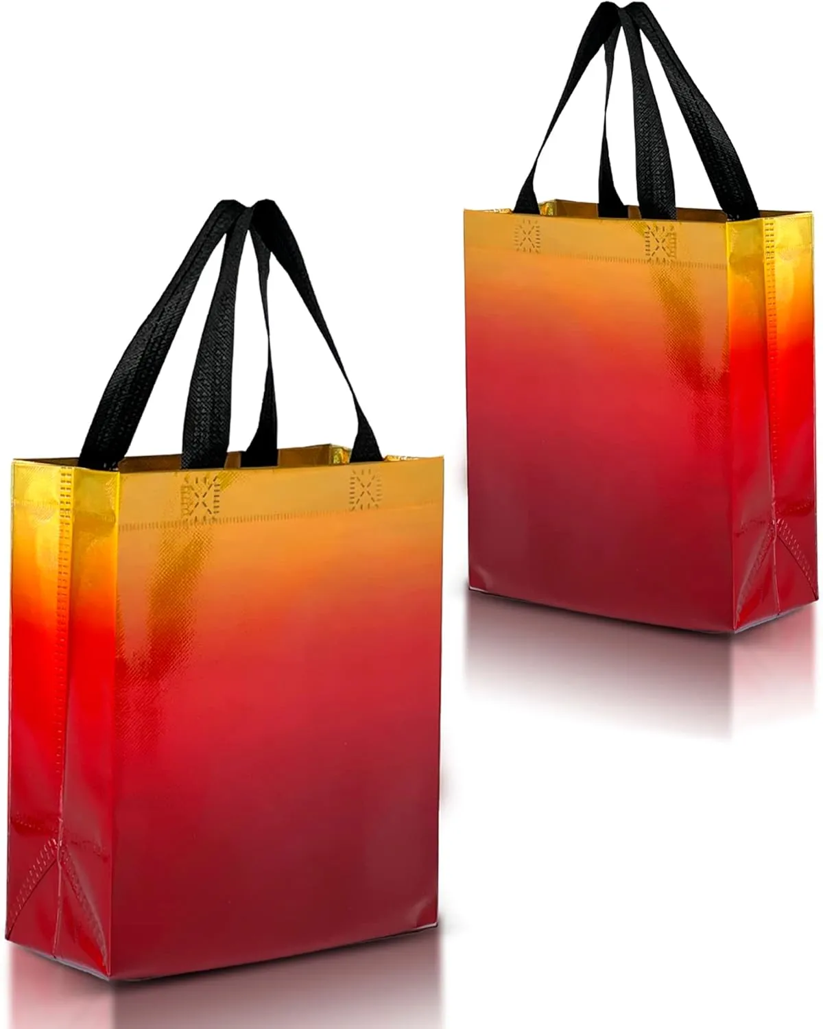 Nush Nush Rise Gradient Gift Bags - Set of 12 Sunset Yellow & Red Reusable Medium Size Party Favor Bags With Handles - Iridescent Finish - 8x4x10