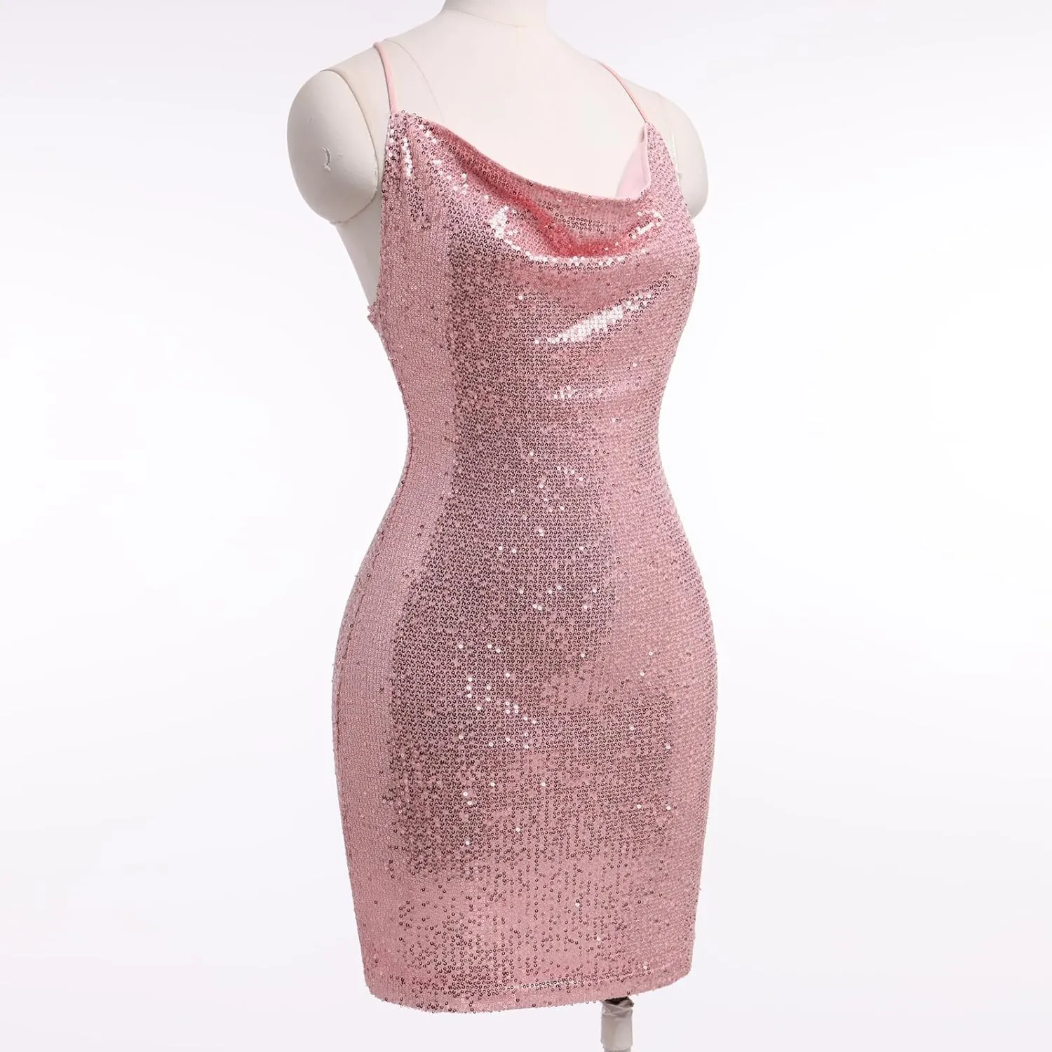ODIZLI Women's Spaghetti Straps Cowl Neck Sequins Glitters Bodycon Mini Dress Party Nightclub Dress