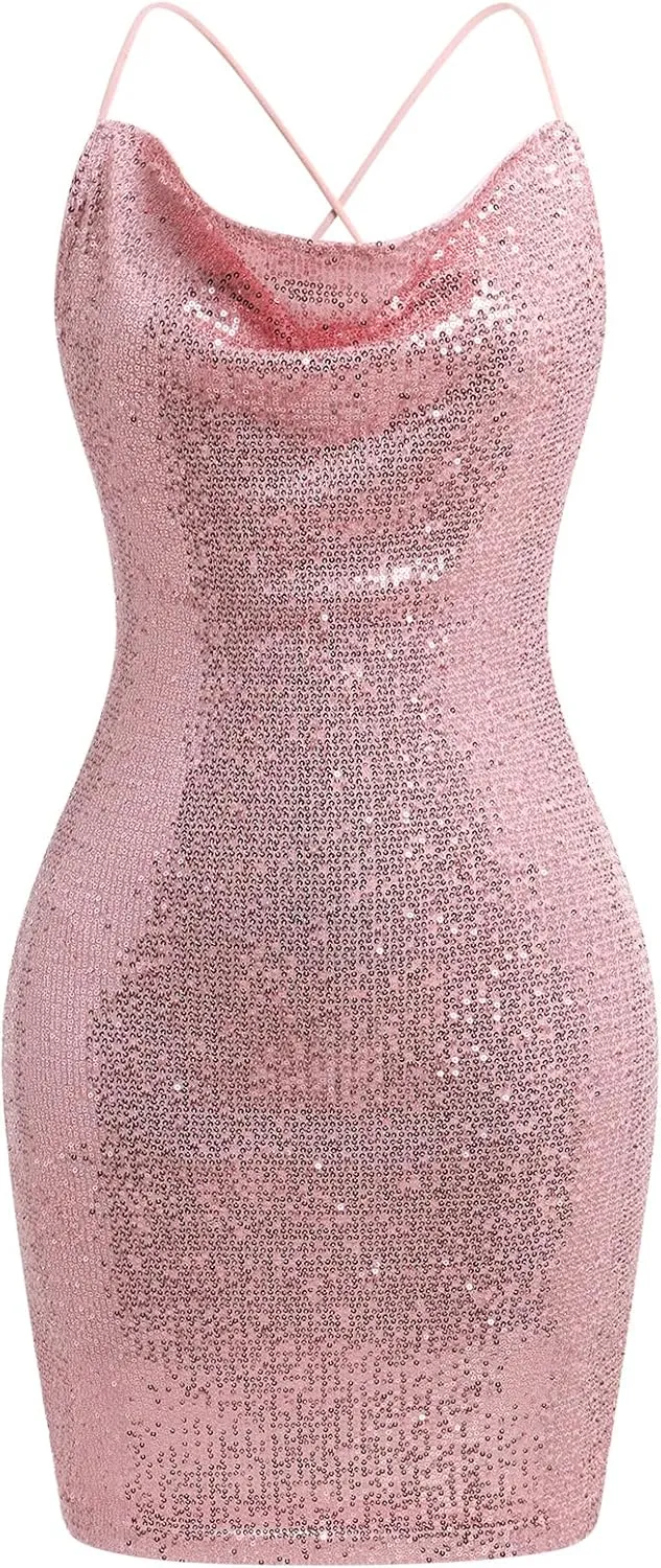ODIZLI Women's Spaghetti Straps Cowl Neck Sequins Glitters Bodycon Mini Dress Party Nightclub Dress