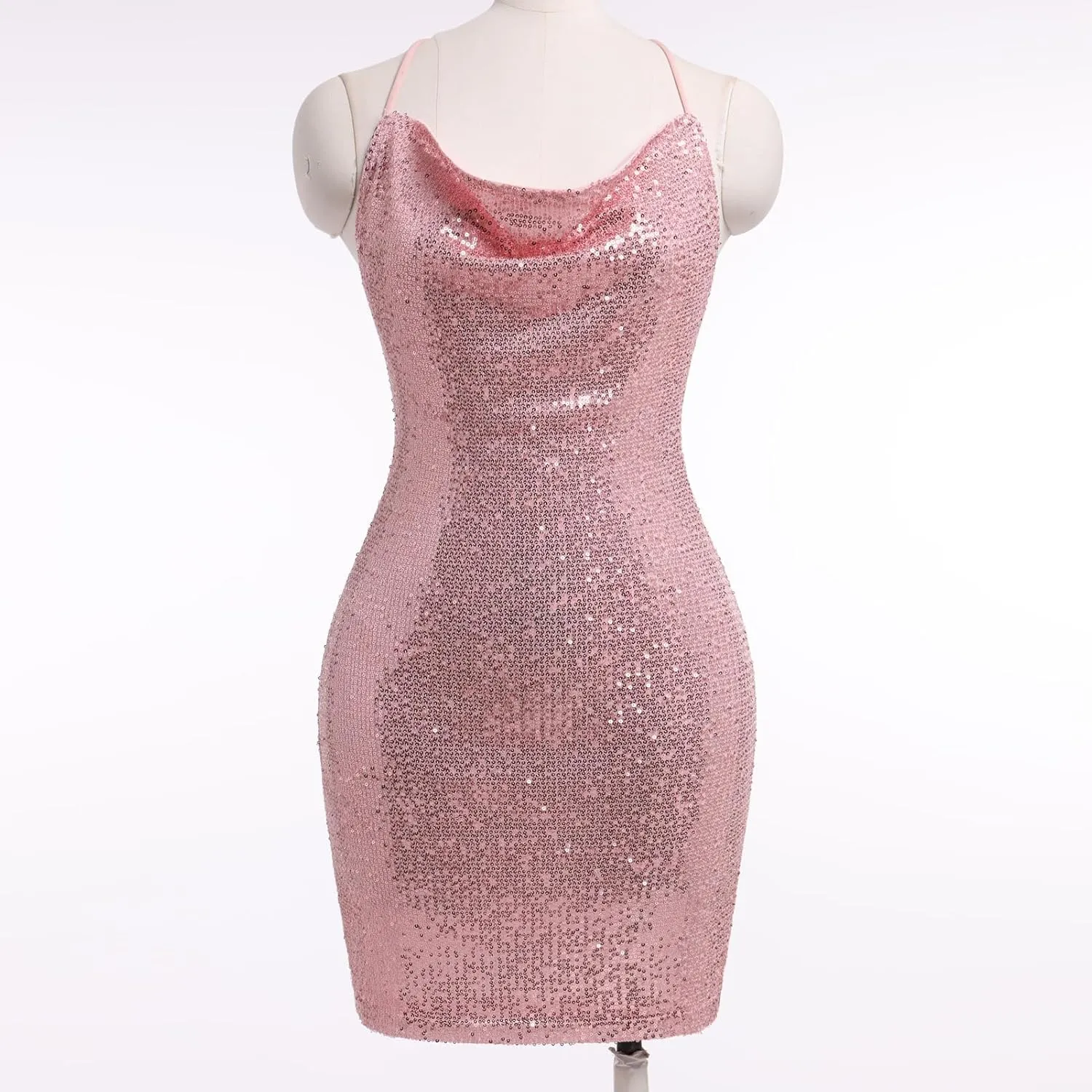 ODIZLI Women's Spaghetti Straps Cowl Neck Sequins Glitters Bodycon Mini Dress Party Nightclub Dress
