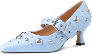 Oh Mispares Women’s Pointed Toe Pumps Mary Jane Kitten Heel Closed Toe Dress Shoes Studded Strap Buckle 2 Inches Wedding Prom Business