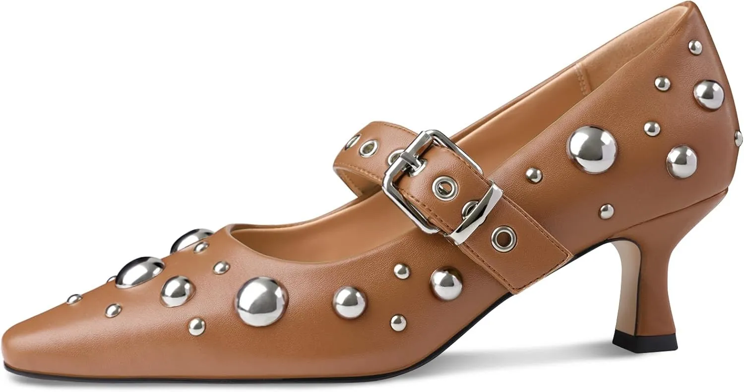 Oh Mispares Women’s Pointed Toe Pumps Mary Jane Kitten Heel Closed Toe Dress Shoes Studded Strap Buckle 2 Inches Wedding Prom Business